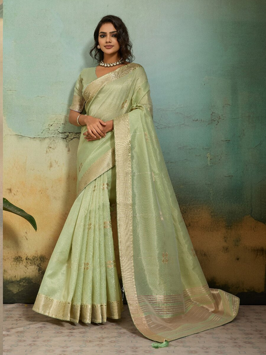 Pista Tissue Infused Linen Silk Zari Woven Work Wedding Reception Party Festival Casual Heavy Border Sarees