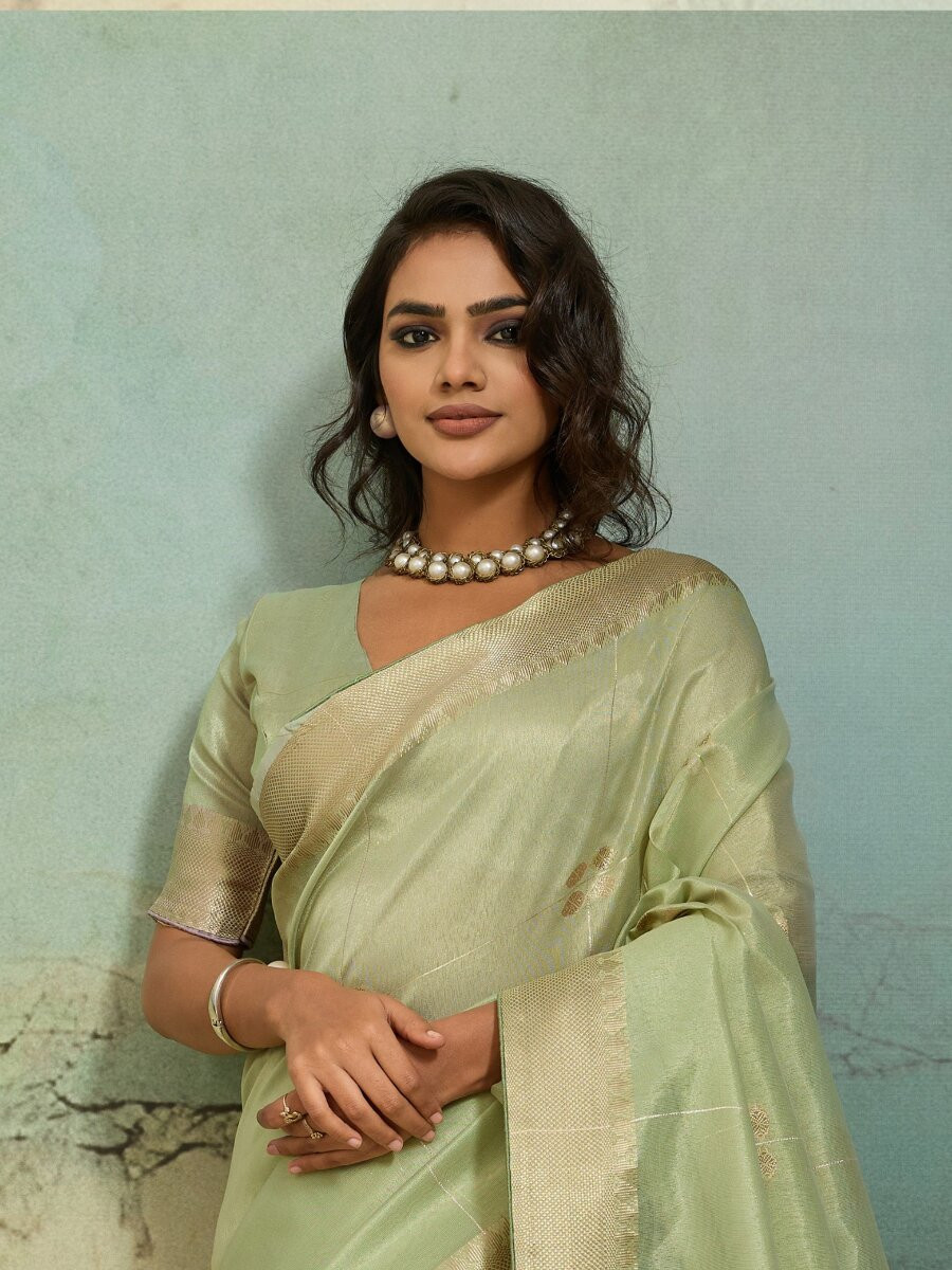 Pista Tissue Infused Linen Silk Zari Woven Work Wedding Reception Party Festival Casual Heavy Border Sarees