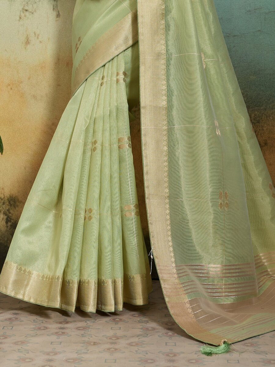 Pista Tissue Infused Linen Silk Zari Woven Work Wedding Reception Party Festival Casual Heavy Border Sarees