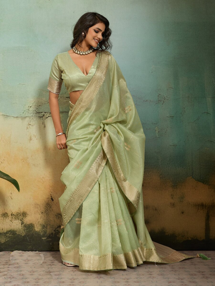 Pista Tissue Infused Linen Silk Zari Woven Work Wedding Reception Party Festival Casual Heavy Border Sarees
