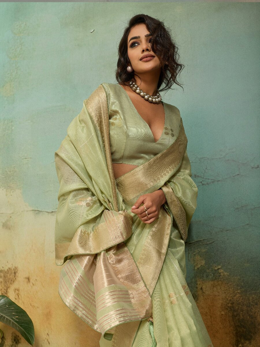 Pista Tissue Infused Linen Silk Zari Woven Work Wedding Reception Party Festival Casual Heavy Border Sarees