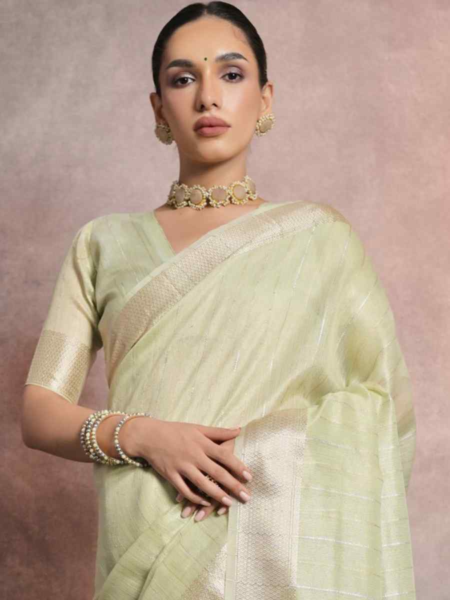 Pista Tissue Linen Handwoven Casual Festival Classic Style Saree