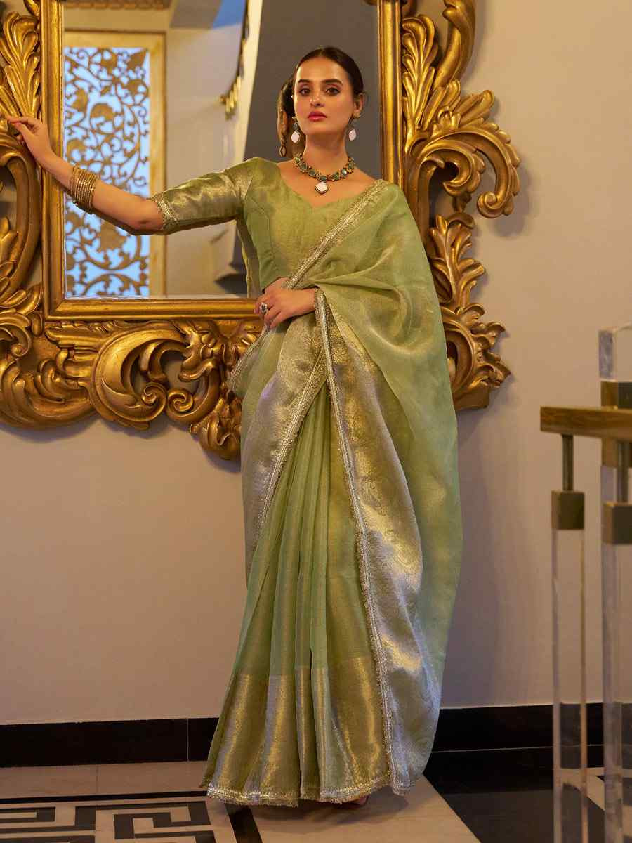 Pista Tissue Shimmer Handwoven Festival Wedding Fancy Heavy Border Saree