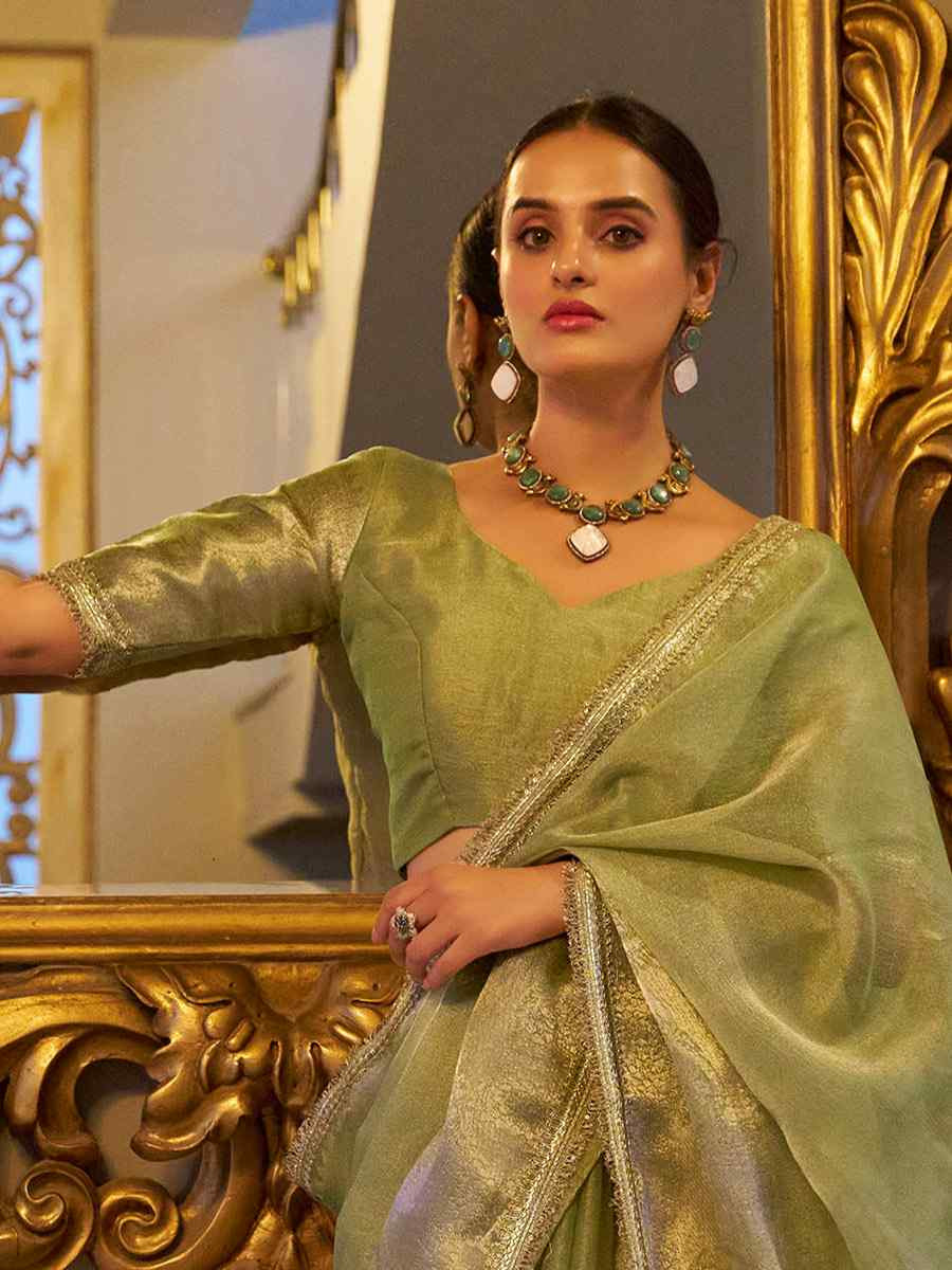 Pista Tissue Shimmer Handwoven Festival Wedding Fancy Heavy Border Saree