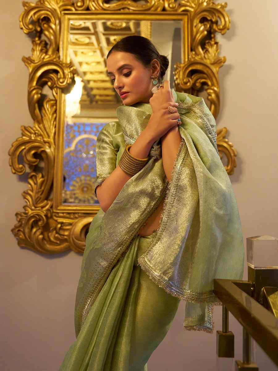 Pista Tissue Shimmer Handwoven Festival Wedding Fancy Heavy Border Saree