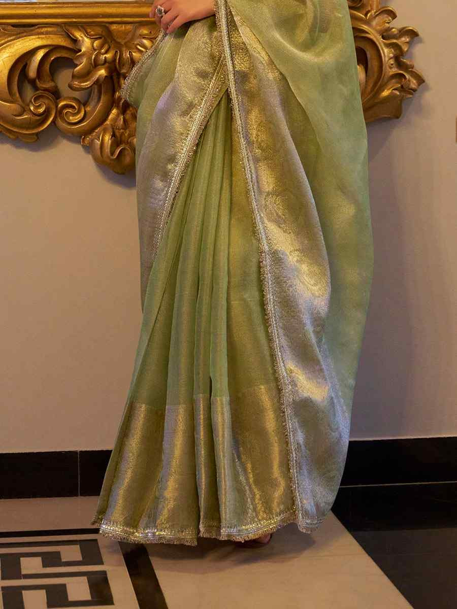 Pista Tissue Shimmer Handwoven Festival Wedding Fancy Heavy Border Saree