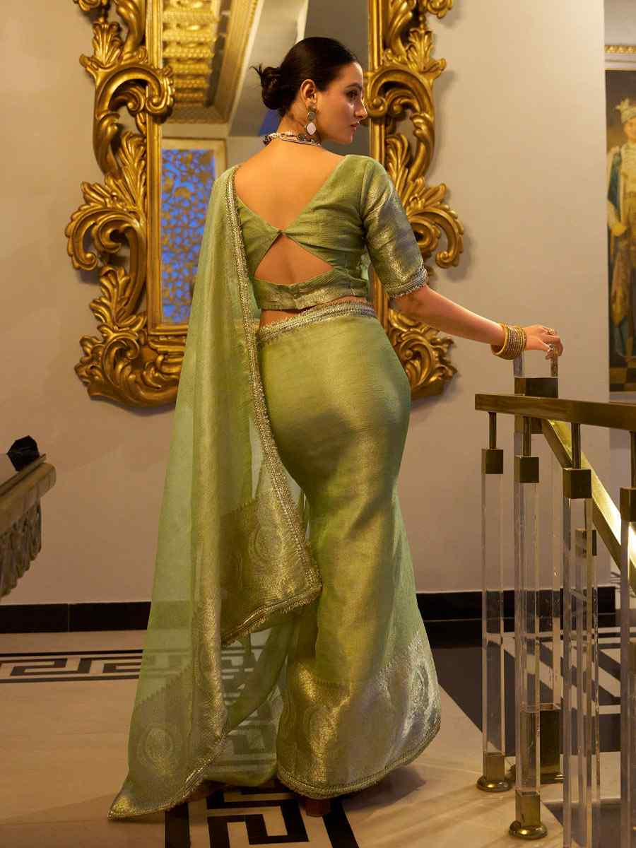 Pista Tissue Shimmer Handwoven Festival Wedding Fancy Heavy Border Saree