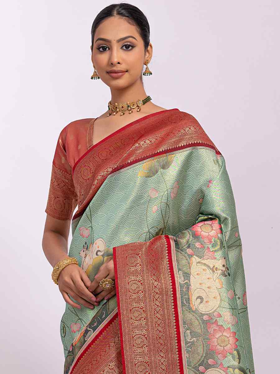 Pista Tussar Silk Handwoven Wedding Festival Heavy Border Saree