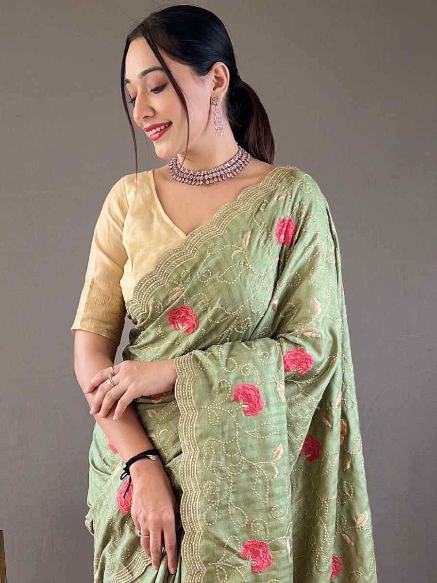 Pista Tussar Silk Handwoven Wedding Festival Heavy Border Saree