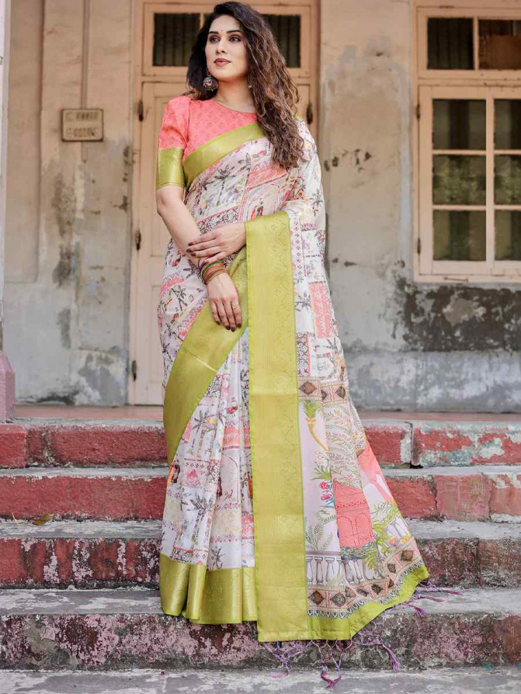 Image of Pista Tussar Silk Zari Handwoven Printed Casual Reception Festival Wedding Fancy Heavy Border Saree