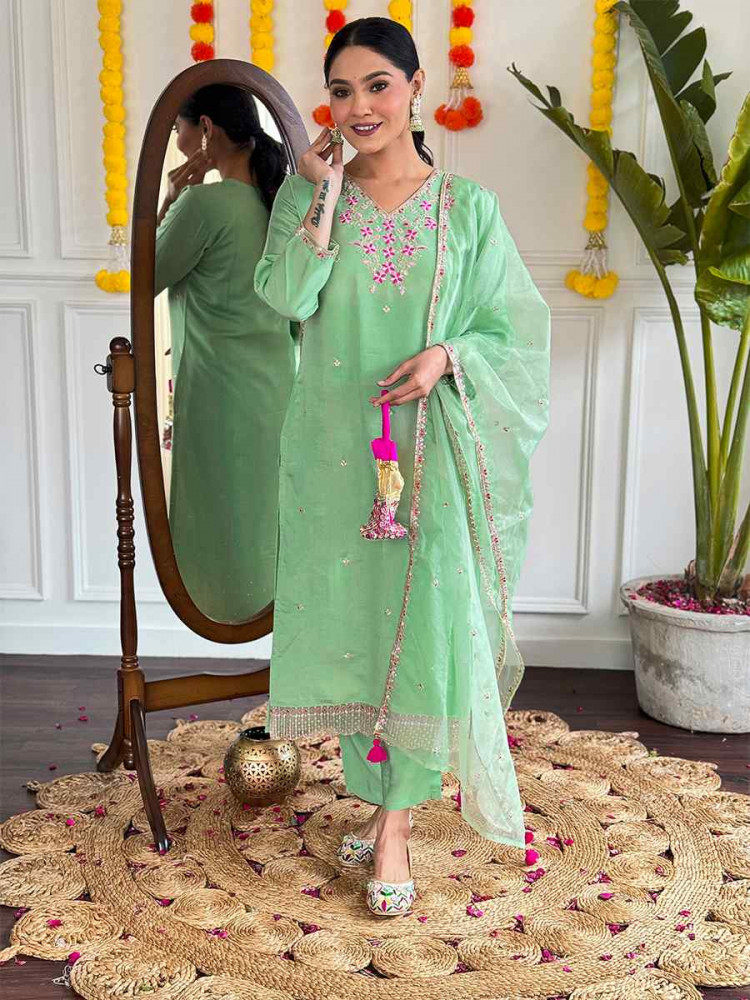 Pista Viscose Chanderi Embroidered Festival Casual Ready Pant Salwar Kameez