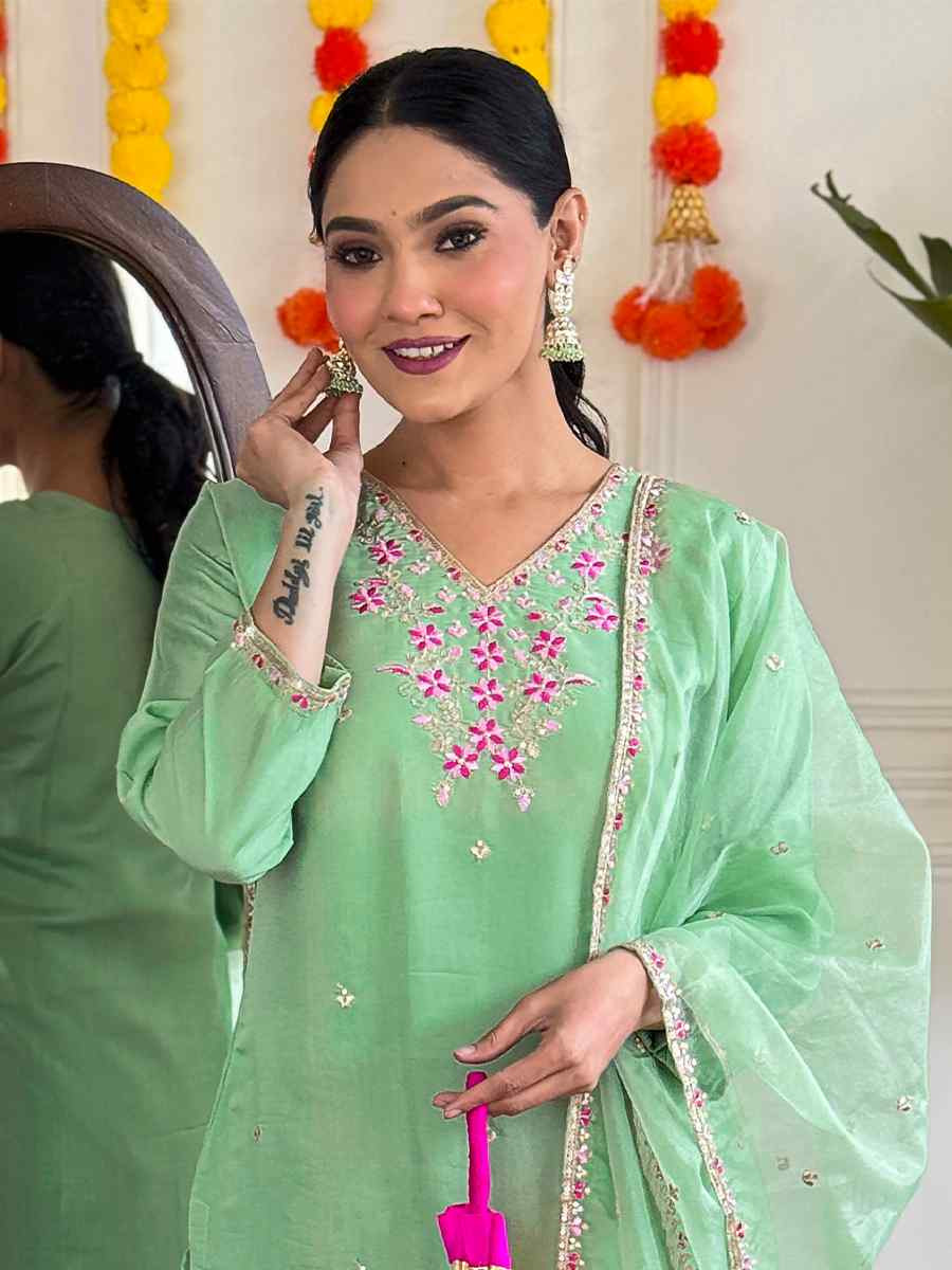 Pista Viscose Chanderi Embroidered Festival Casual Ready Pant Salwar Kameez