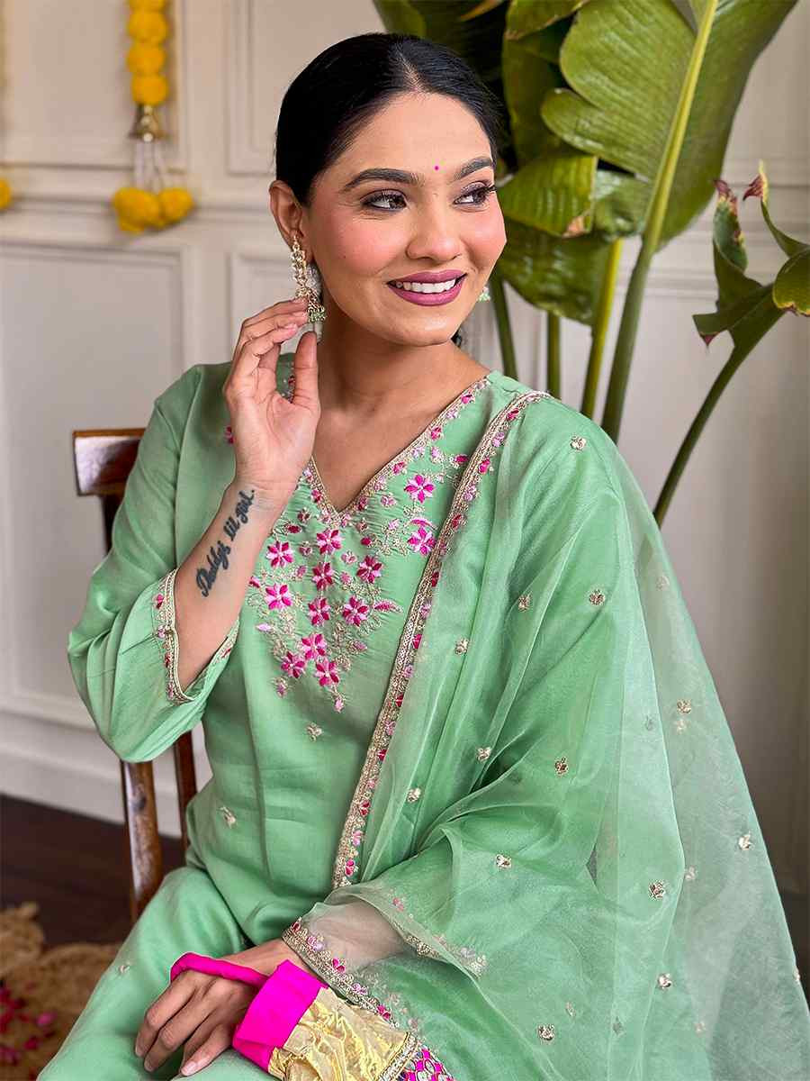Pista Viscose Chanderi Embroidered Festival Casual Ready Pant Salwar Kameez