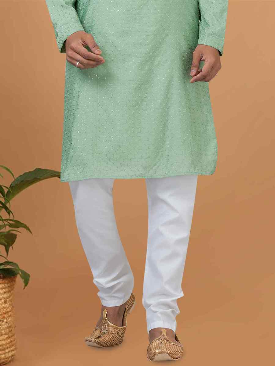 Pista Viscose Cotton Embroidered Festival Wedding Kurta