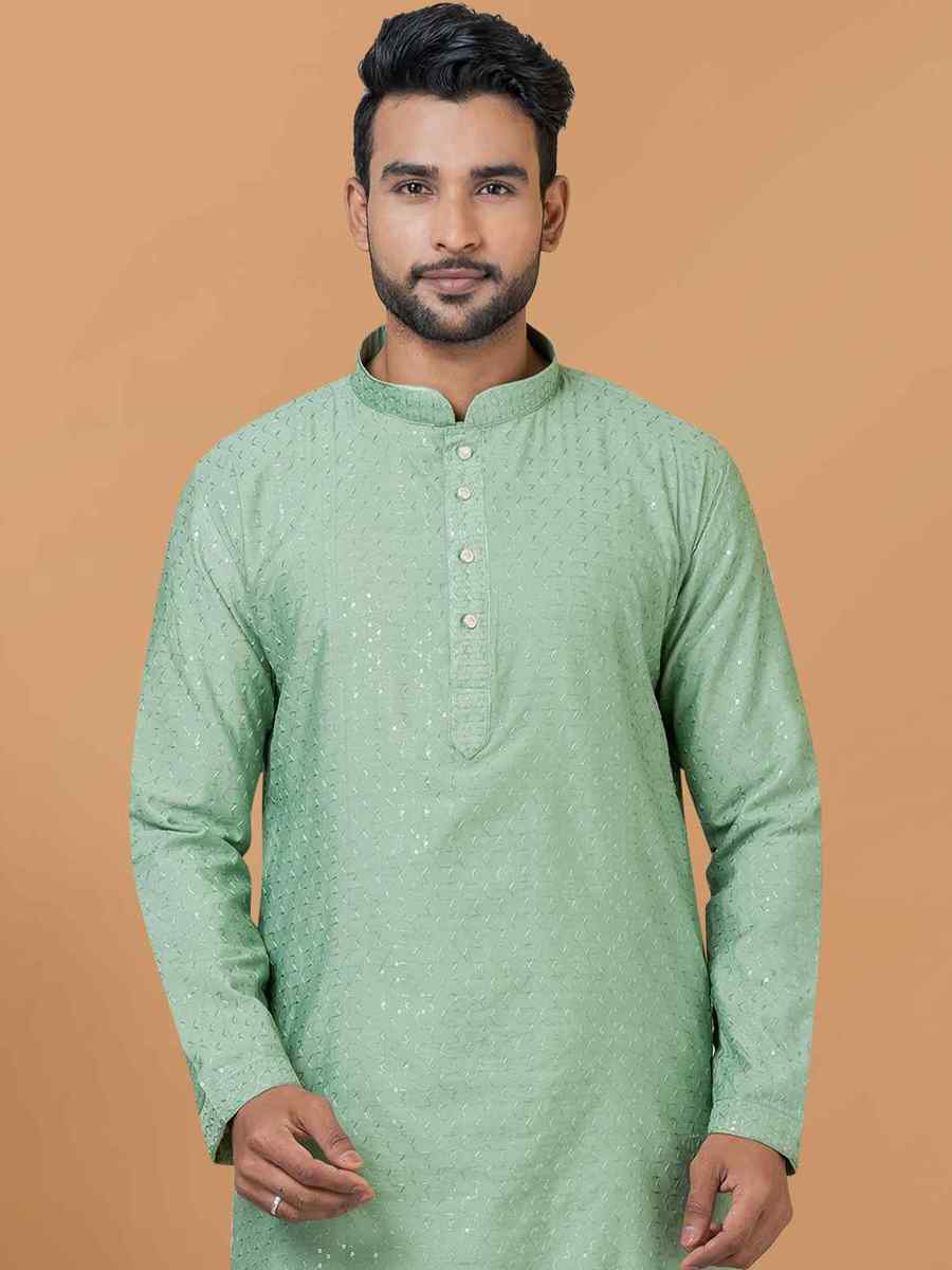 Pista Viscose Cotton Embroidered Festival Wedding Kurta