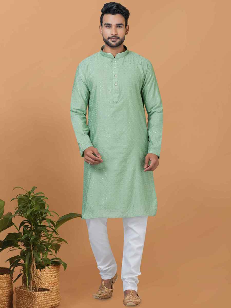 Pista Viscose Cotton Embroidered Festival Wedding Kurta