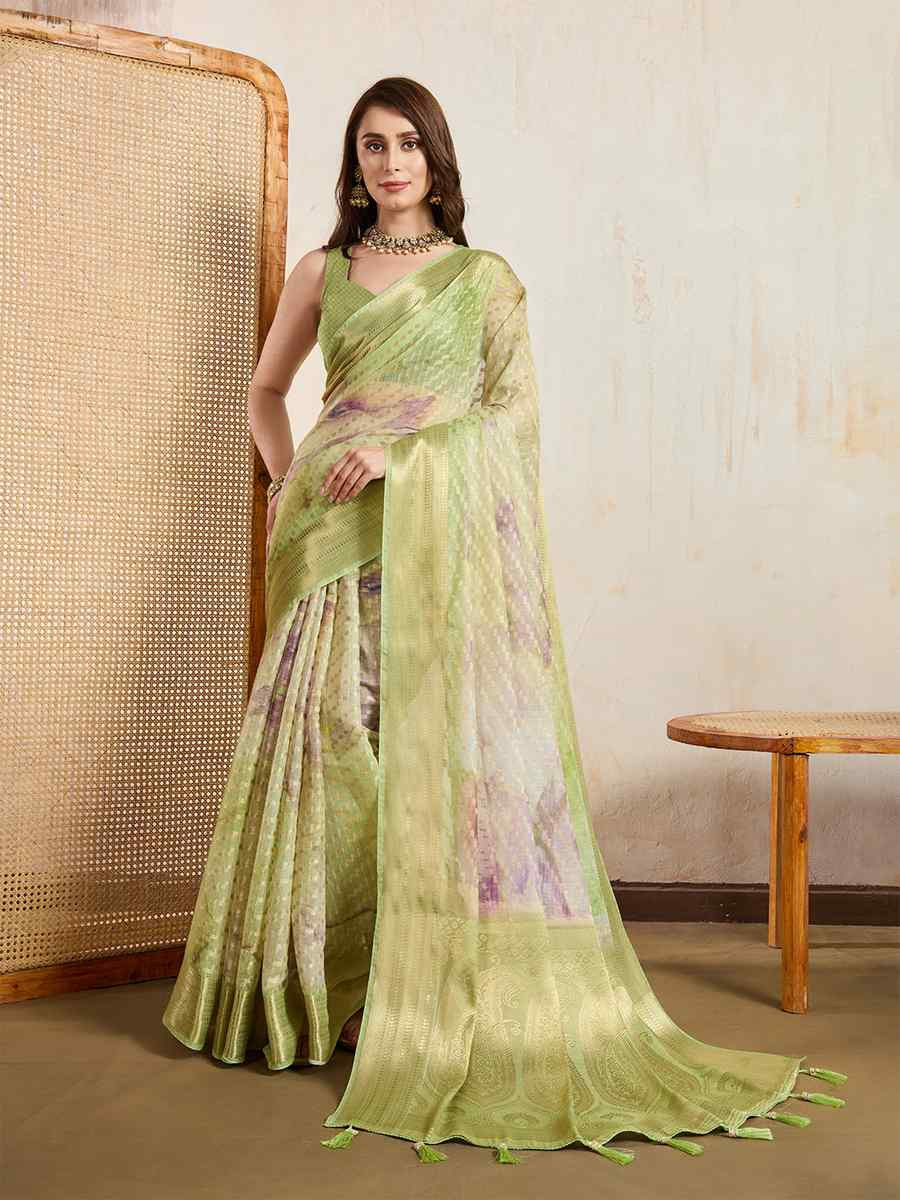 Pista Viscose Printed Handwoven Festival Wedding Fancy Heavy Border Saree
