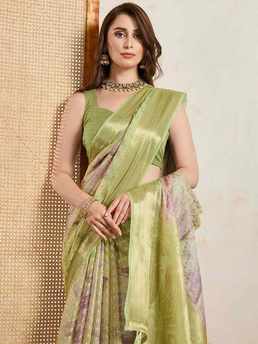 Pista Viscose Printed Handwoven Festival Wedding Fancy Heavy Border Saree