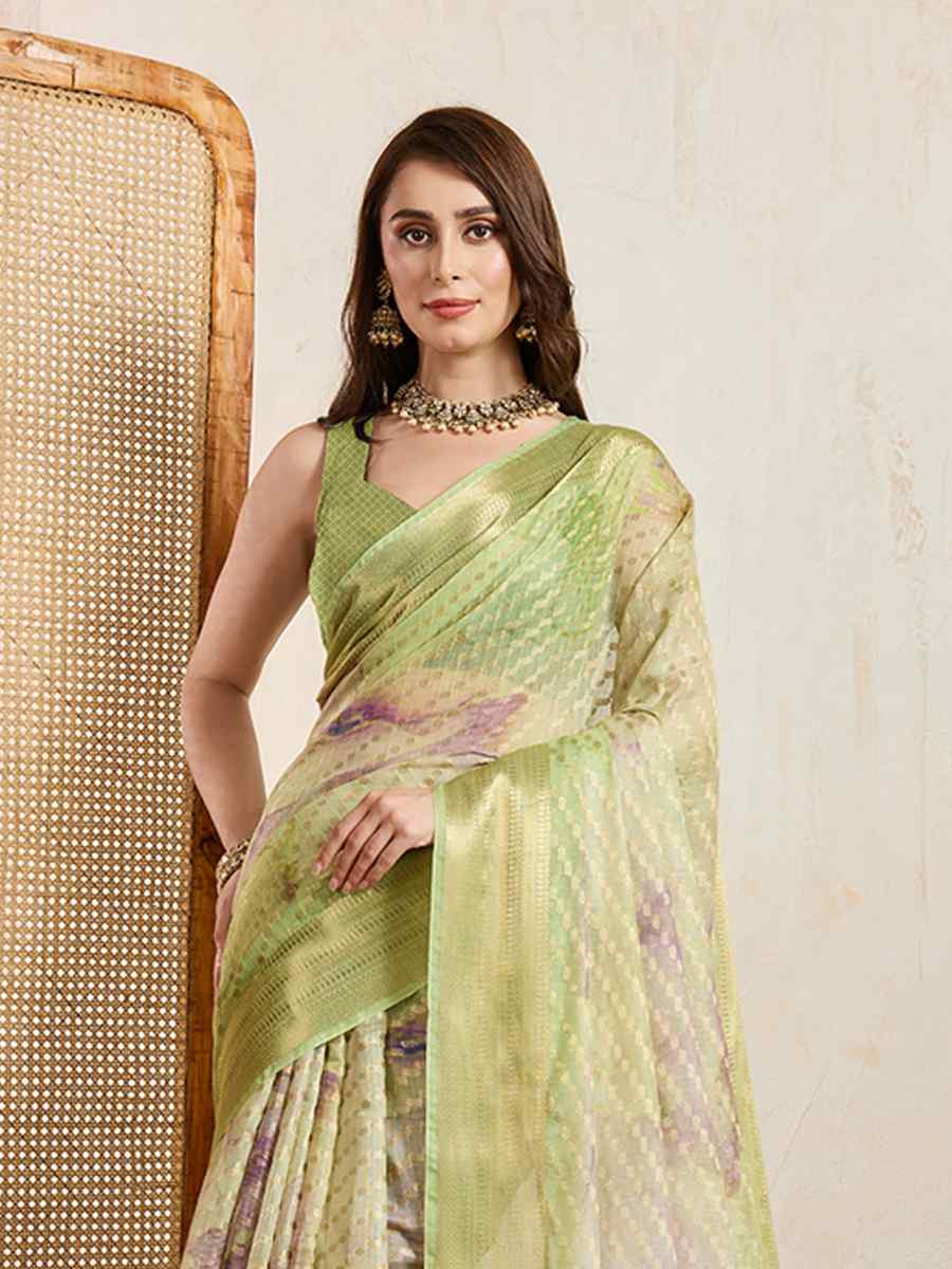Pista Viscose Printed Handwoven Festival Wedding Fancy Heavy Border Saree