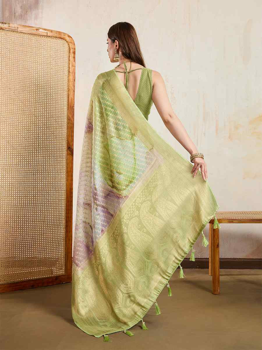 Pista Viscose Printed Handwoven Festival Wedding Fancy Heavy Border Saree