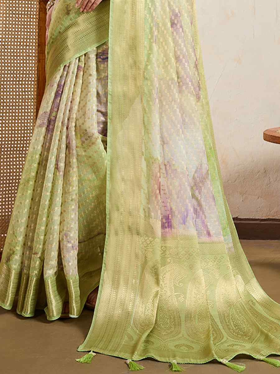 Pista Viscose Printed Handwoven Festival Wedding Fancy Heavy Border Saree
