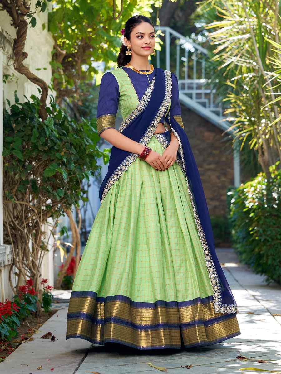 Pista Zari Chex Handwoven Reception Wedding Lehenga Choli