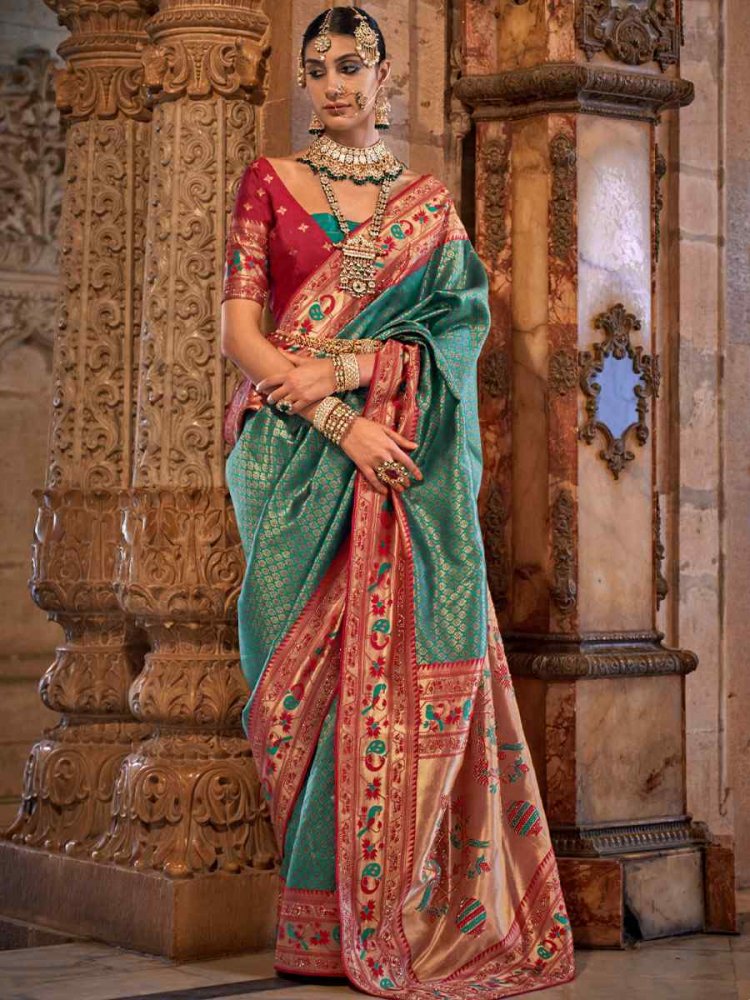 Polished Pine Green Banarasi Silk Handwoven Wedding Festival Heavy Border Saree