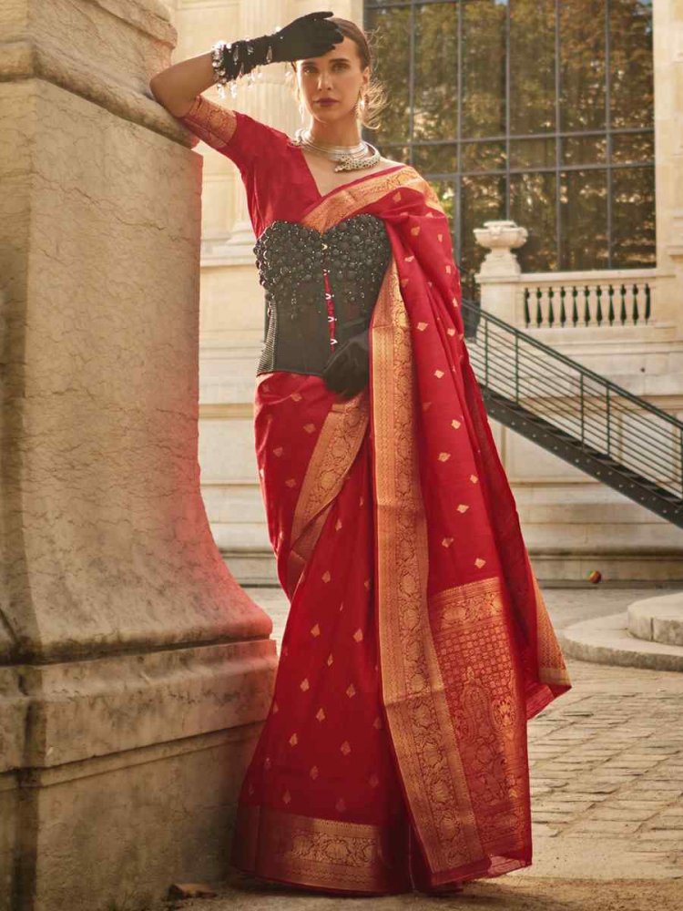 Poppy Red Khadi Silk Handwoven Wedding Festival Heavy Border Saree