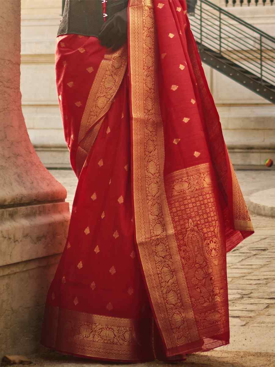 Poppy Red Khadi Silk Handwoven Wedding Festival Heavy Border Saree