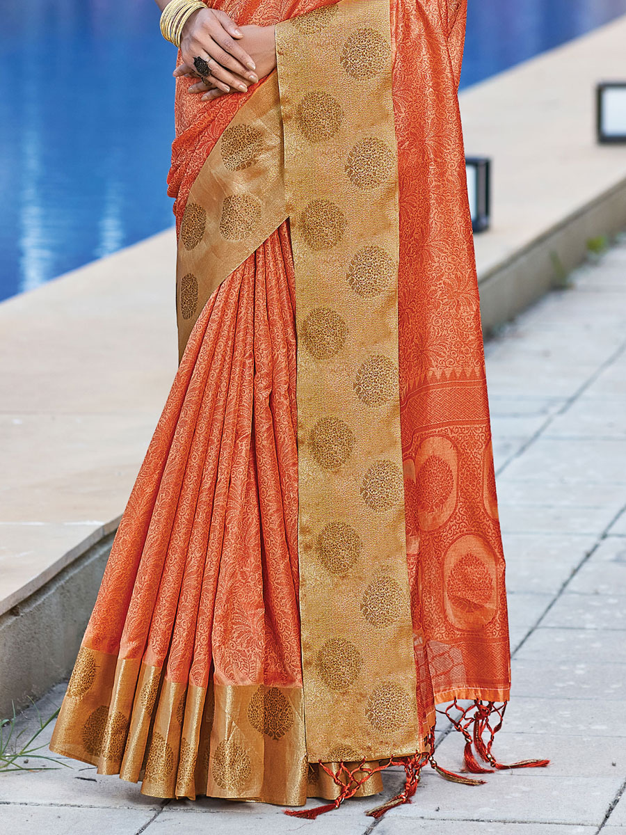 Portland Orange Organza Handwoven Festival Saree