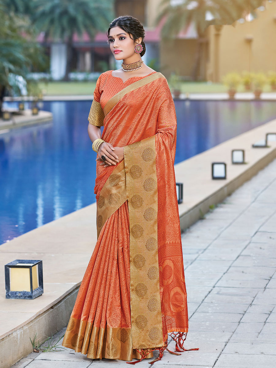 Portland Orange Organza Handwoven Festival Saree