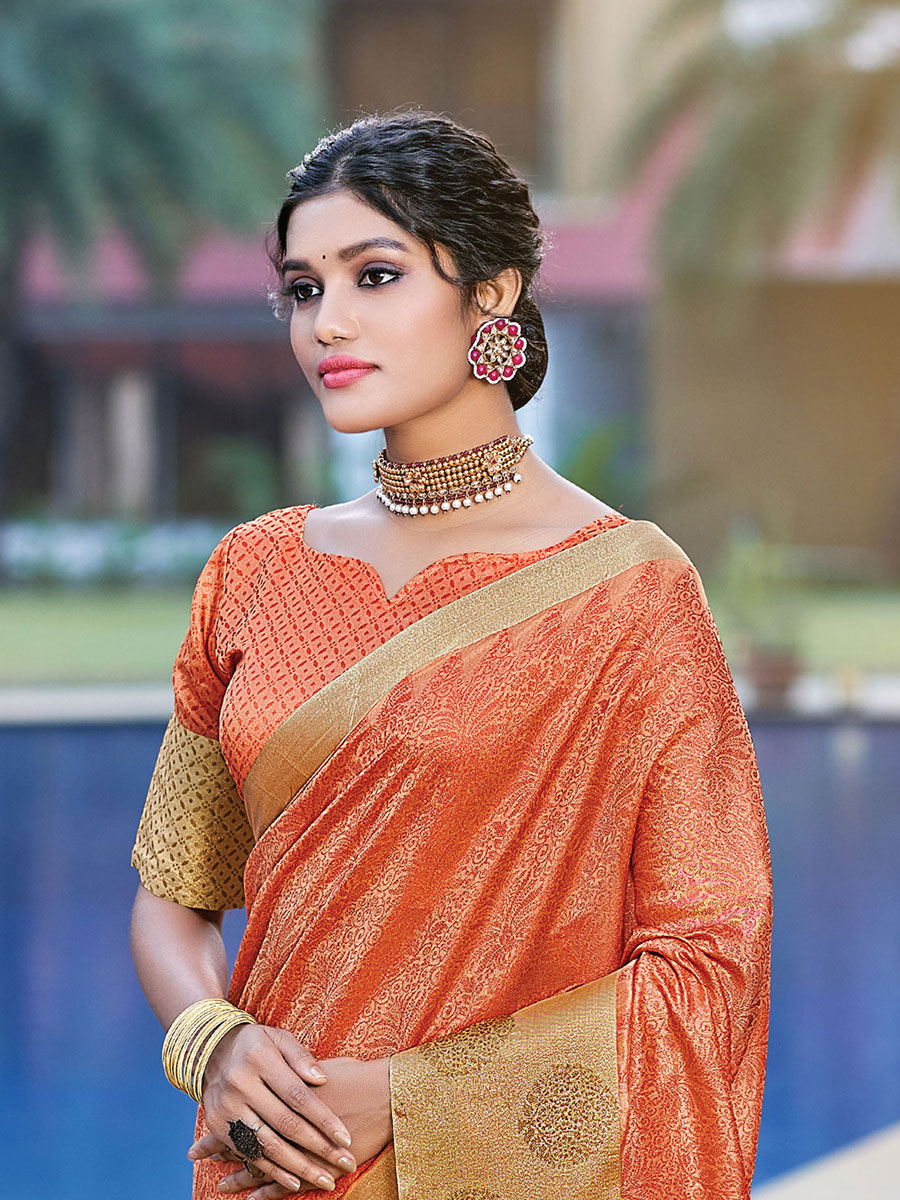 Portland Orange Organza Handwoven Festival Saree