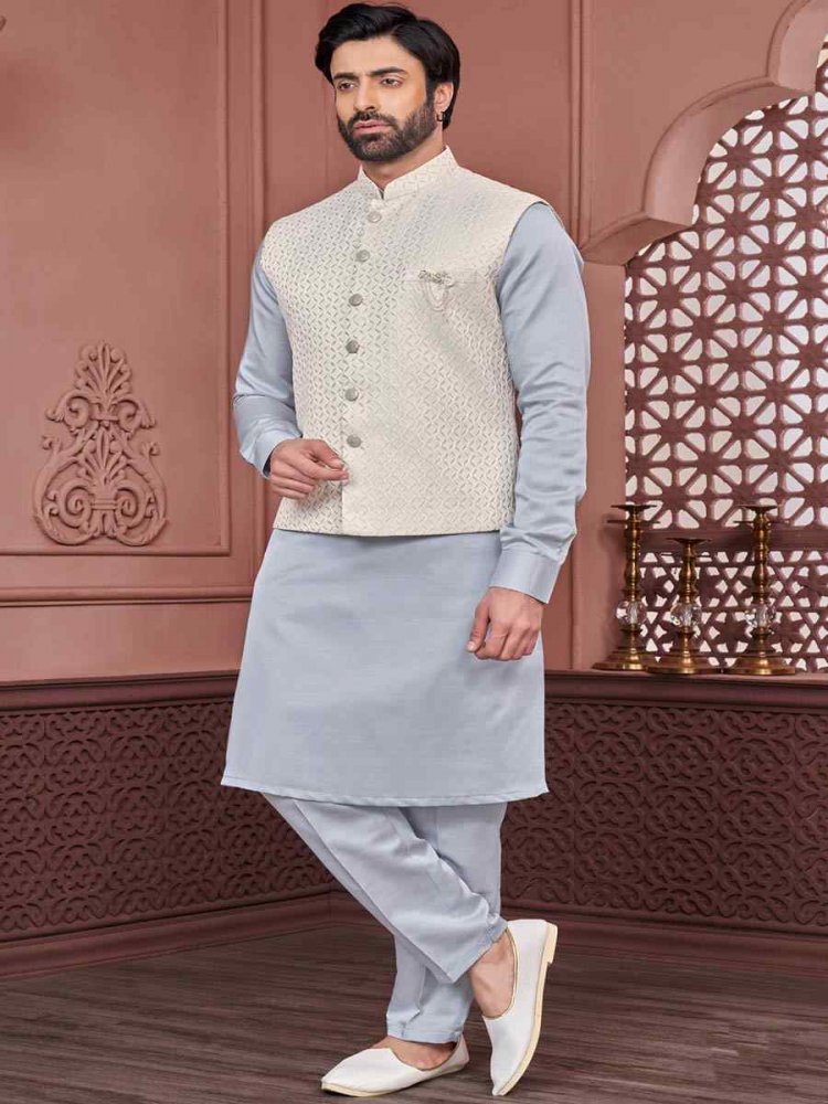 Powder Blue Art Banarasi Silk Woven Festival Wedding Kurta