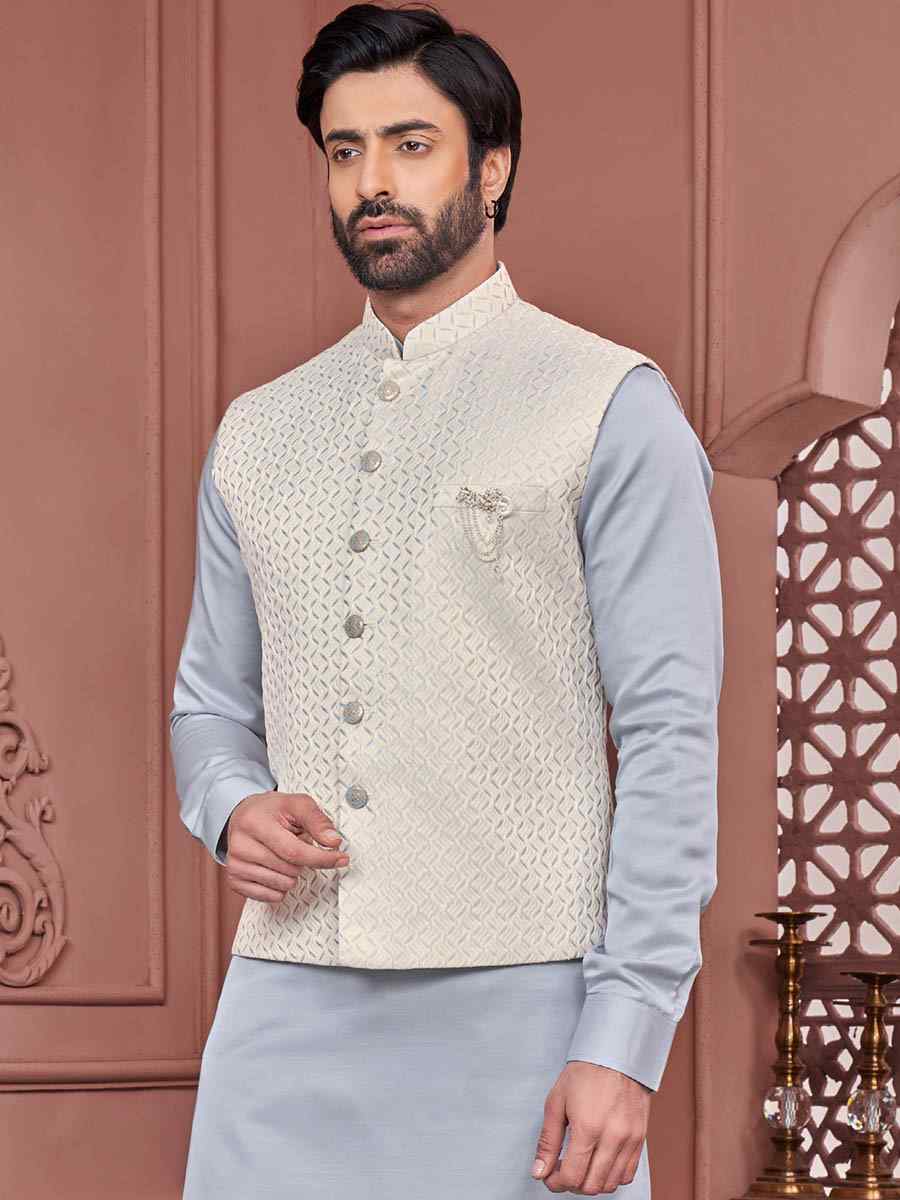 Powder Blue Art Banarasi Silk Woven Festival Wedding Kurta