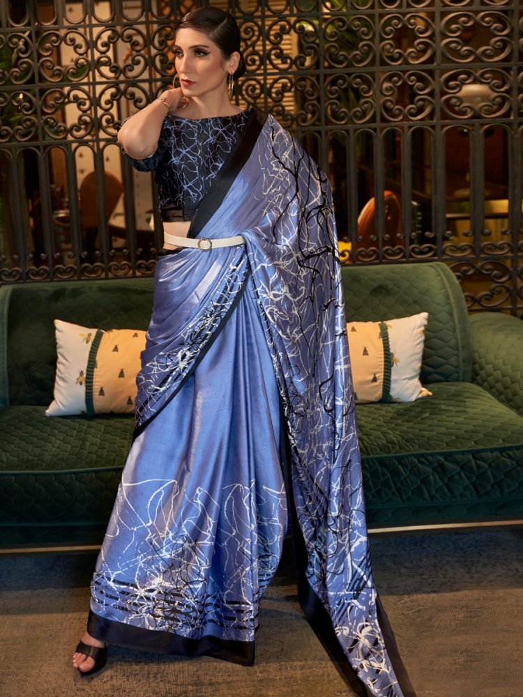 Powder Blue Crepe Festival Printed Saree