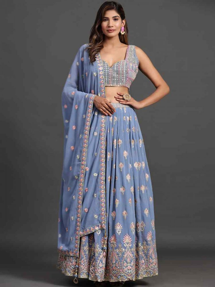 Powder Blue Georgette Embroidered Reception Ready Heavy Border Lehenga Choli