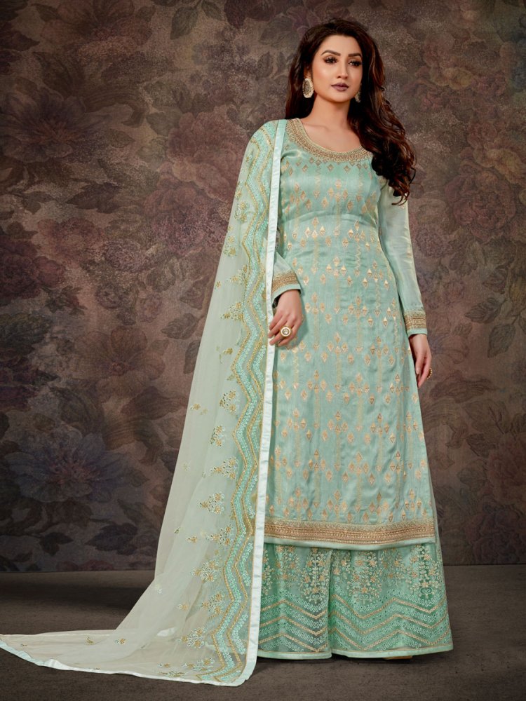 Powder Blue Jacquard Embroidered Party Palazzo Pant Kameez