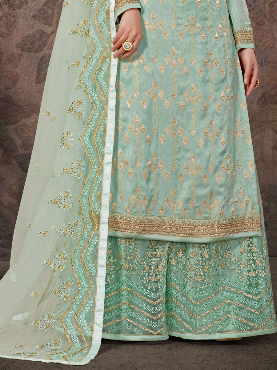 Powder Blue Jacquard Embroidered Party Palazzo Pant Kameez