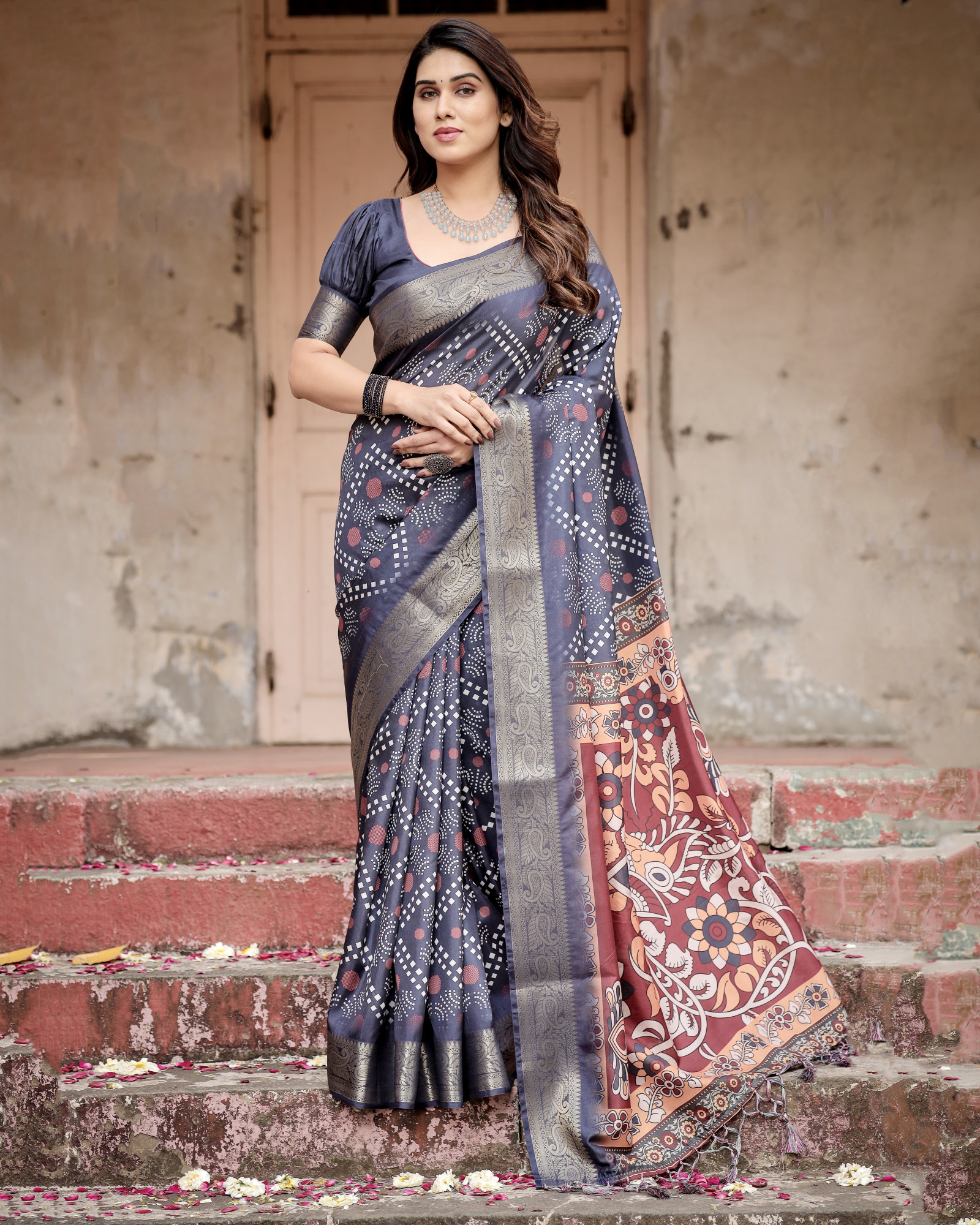 Dark Blue Tussar Silk Zari Handwoven Printed Casual Reception Festival Wedding Fancy Heavy Border Saree