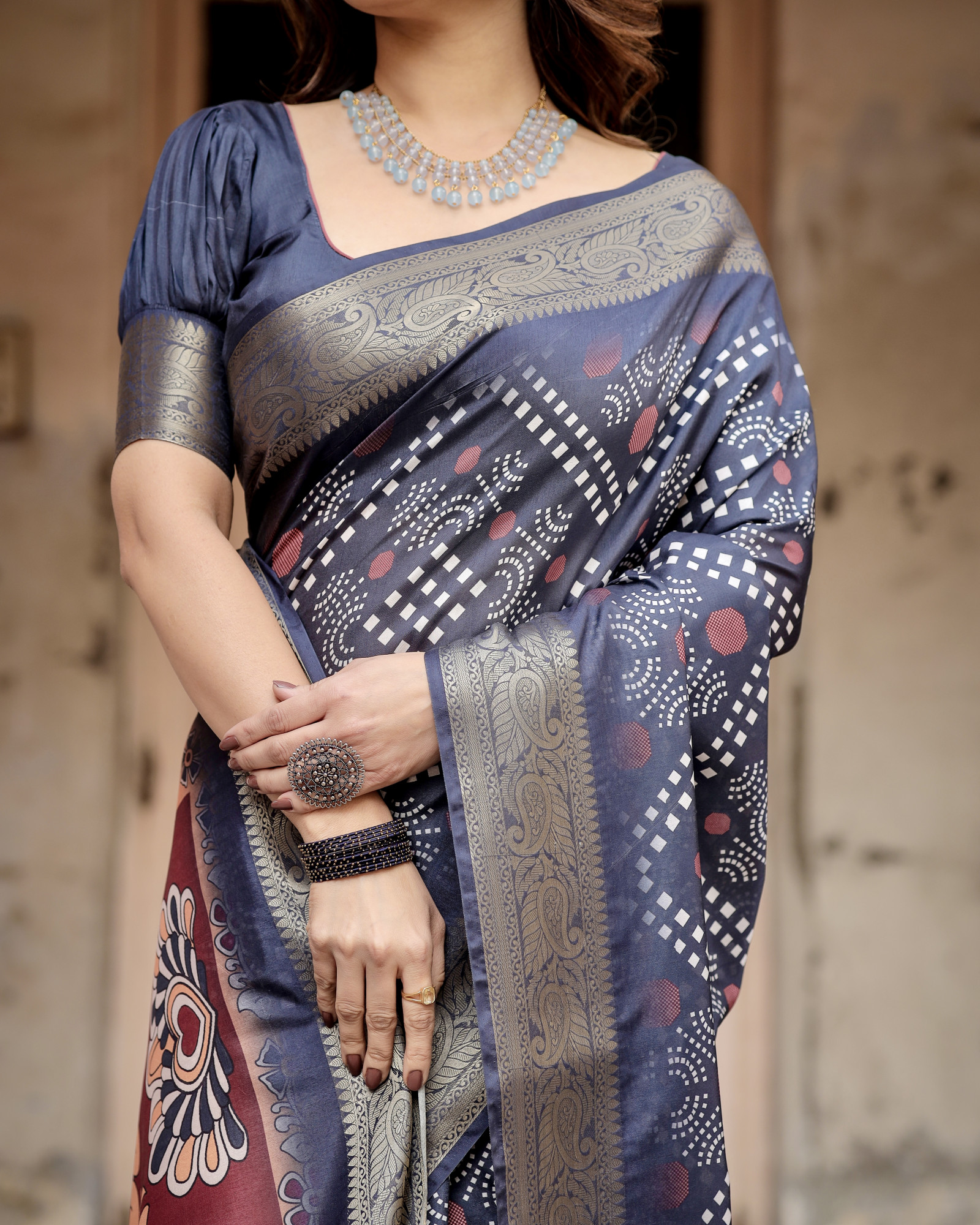 Dark Blue Tussar Silk Zari Handwoven Printed Casual Reception Festival Wedding Fancy Heavy Border Saree