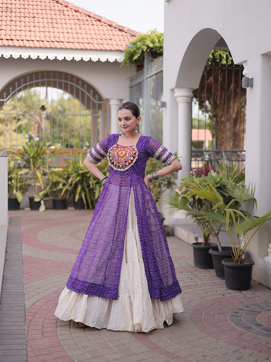 Pruple Faux Georgette Embroidery Stone Work Bandhani Printed Wedding Reception Festival Party Wear Kora Cotton Kurti Lehenga Choli