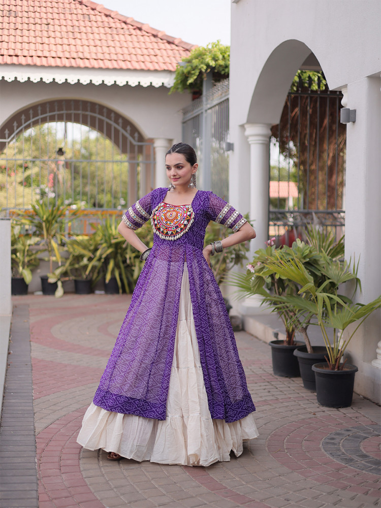Image of Pruple Faux Georgette Embroidery Stone Work Bandhani Printed Wedding Reception Festival Party Wear Kora Cotton Kurti Lehenga Choli