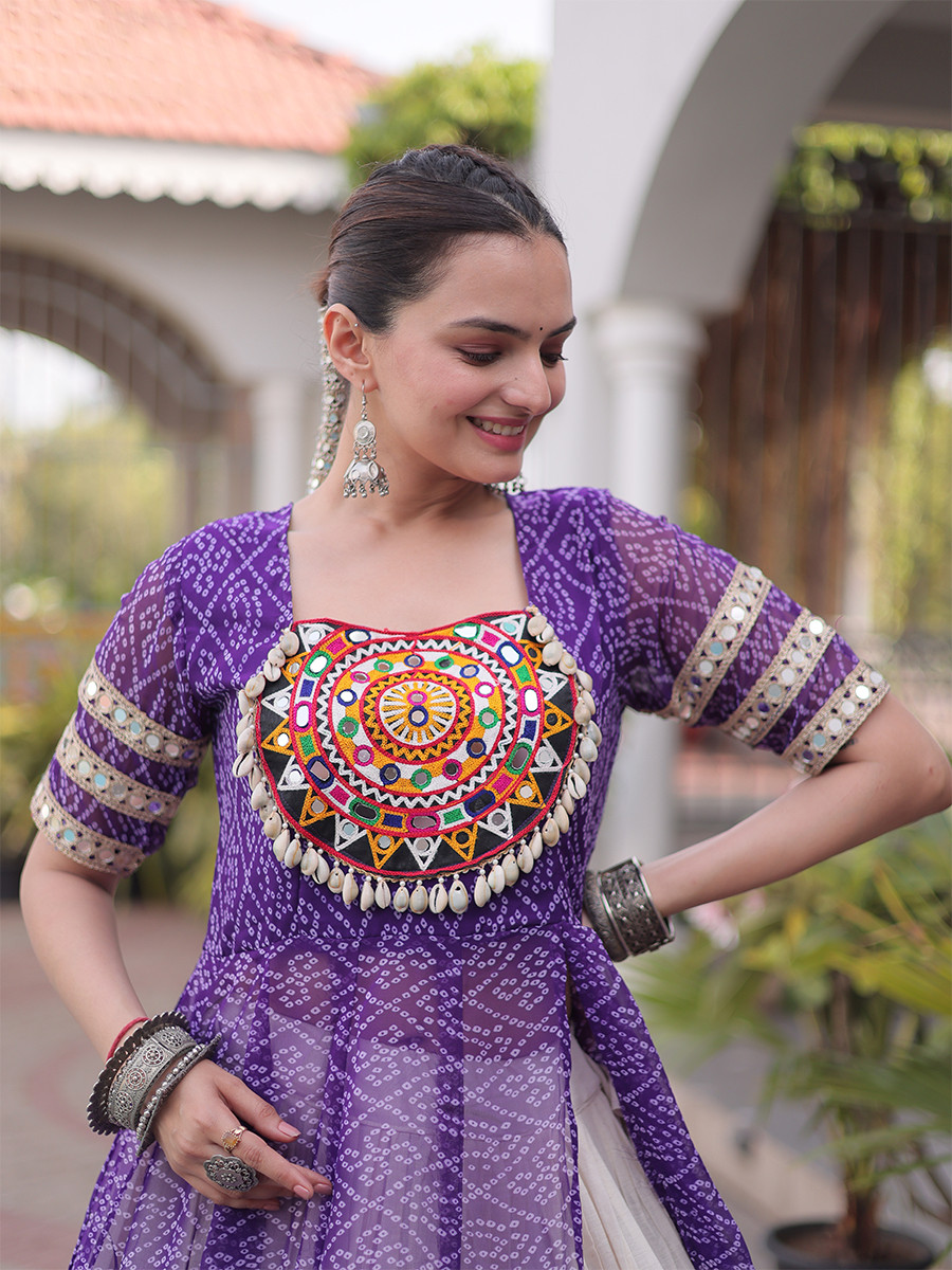 Pruple Faux Georgette Embroidery Stone Work Bandhani Printed Wedding Reception Festival Party Wear Kora Cotton Kurti Lehenga Choli