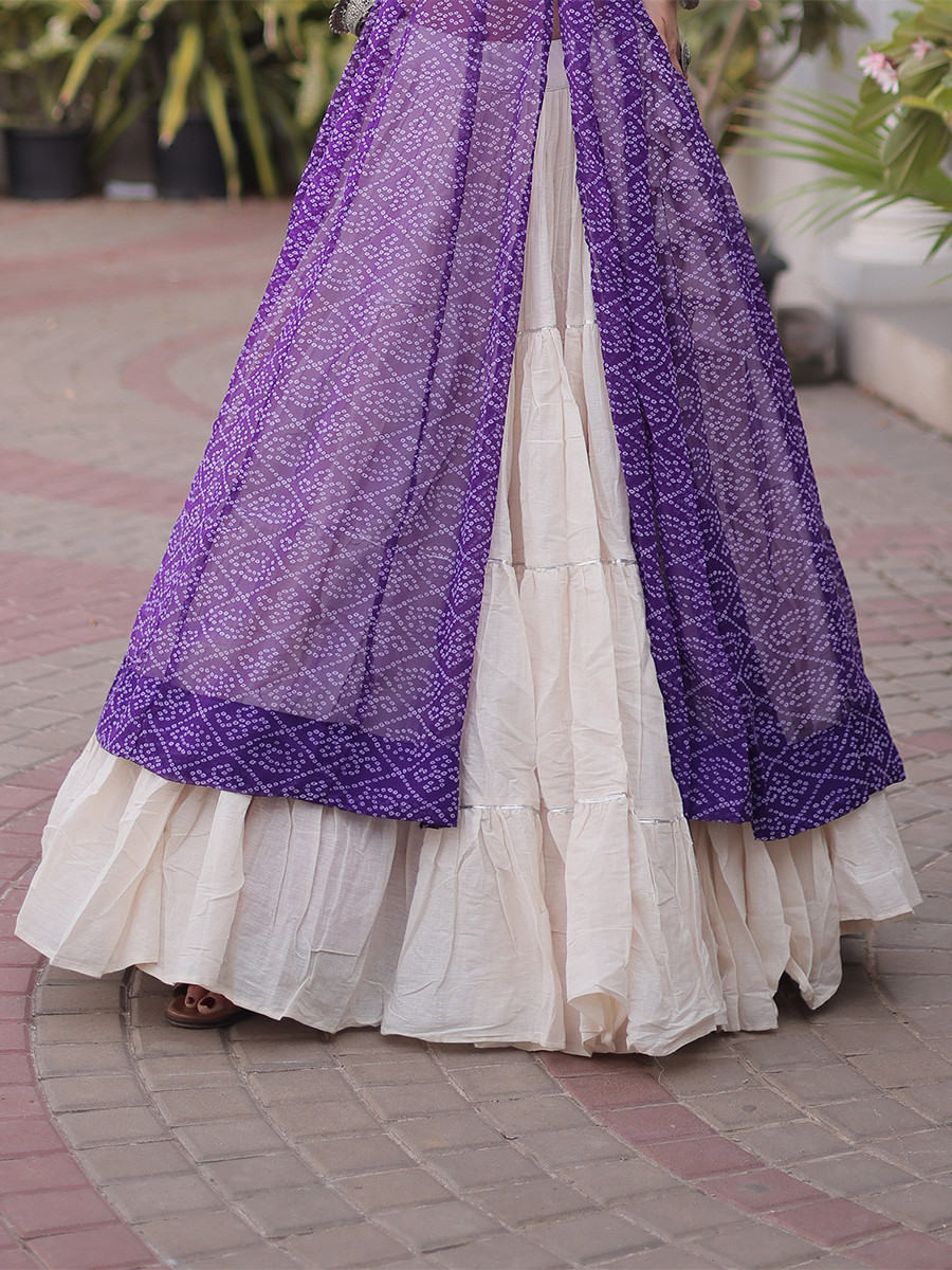 Pruple Faux Georgette Embroidery Stone Work Bandhani Printed Wedding Reception Festival Party Wear Kora Cotton Kurti Lehenga Choli
