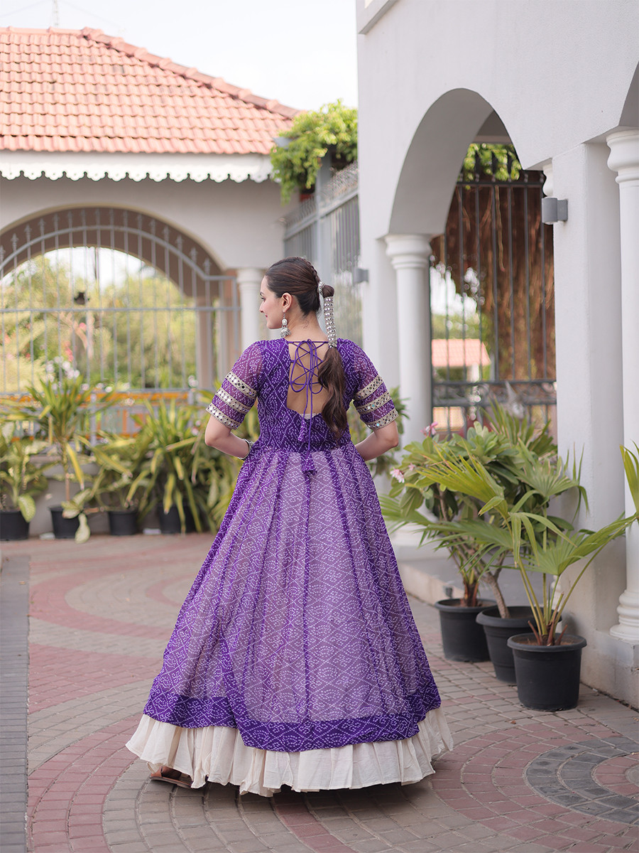 Pruple Faux Georgette Embroidery Stone Work Bandhani Printed Wedding Reception Festival Party Wear Kora Cotton Kurti Lehenga Choli
