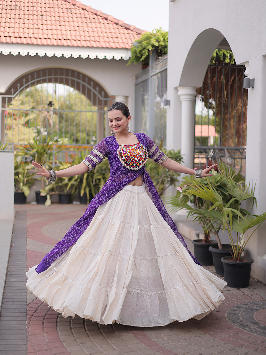 Pruple Faux Georgette Embroidery Stone Work Bandhani Printed Wedding Reception Festival Party Wear Kora Cotton Kurti Lehenga Choli
