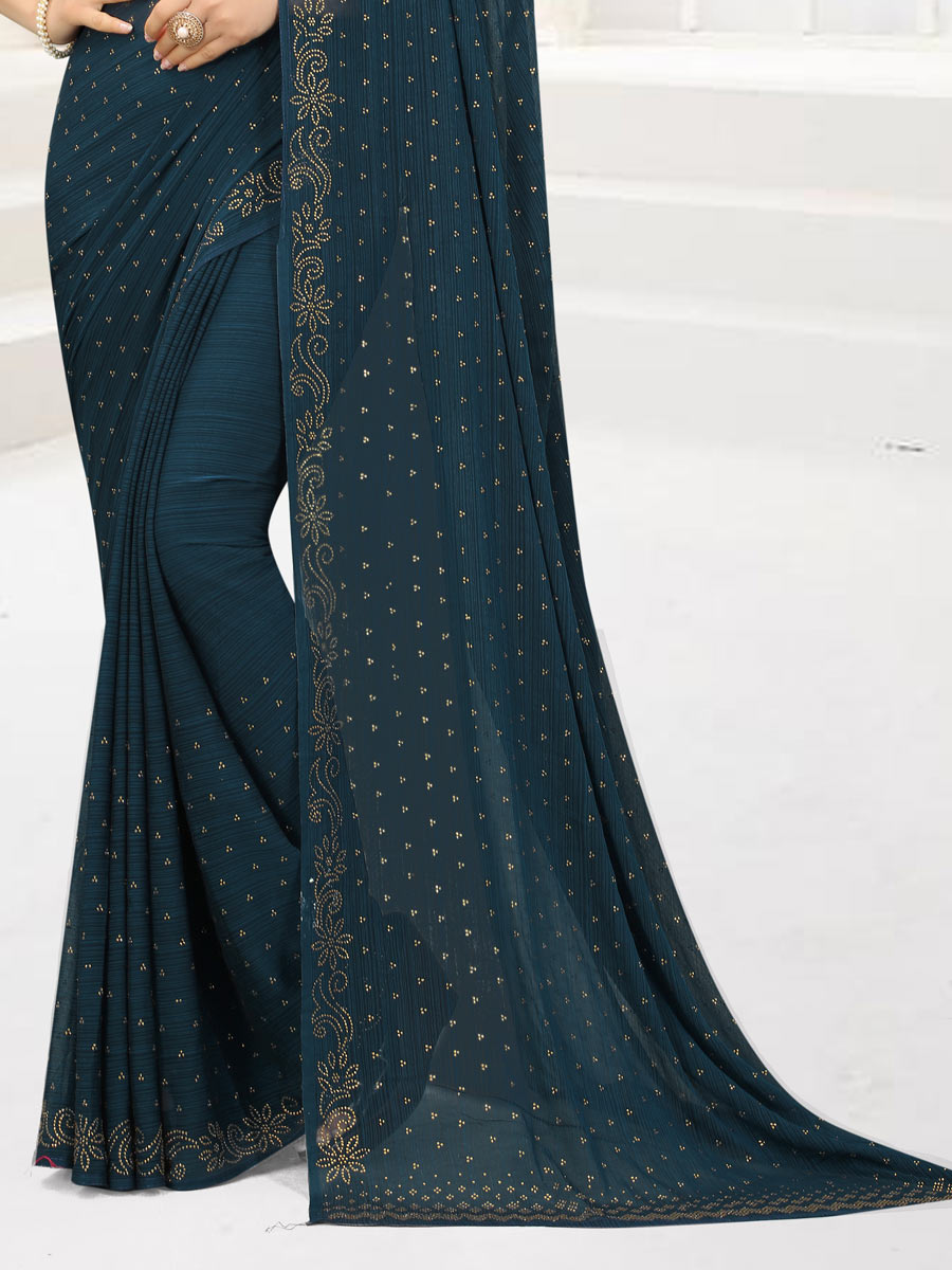 Prussian Blue Chiffon Embroidered Party Saree