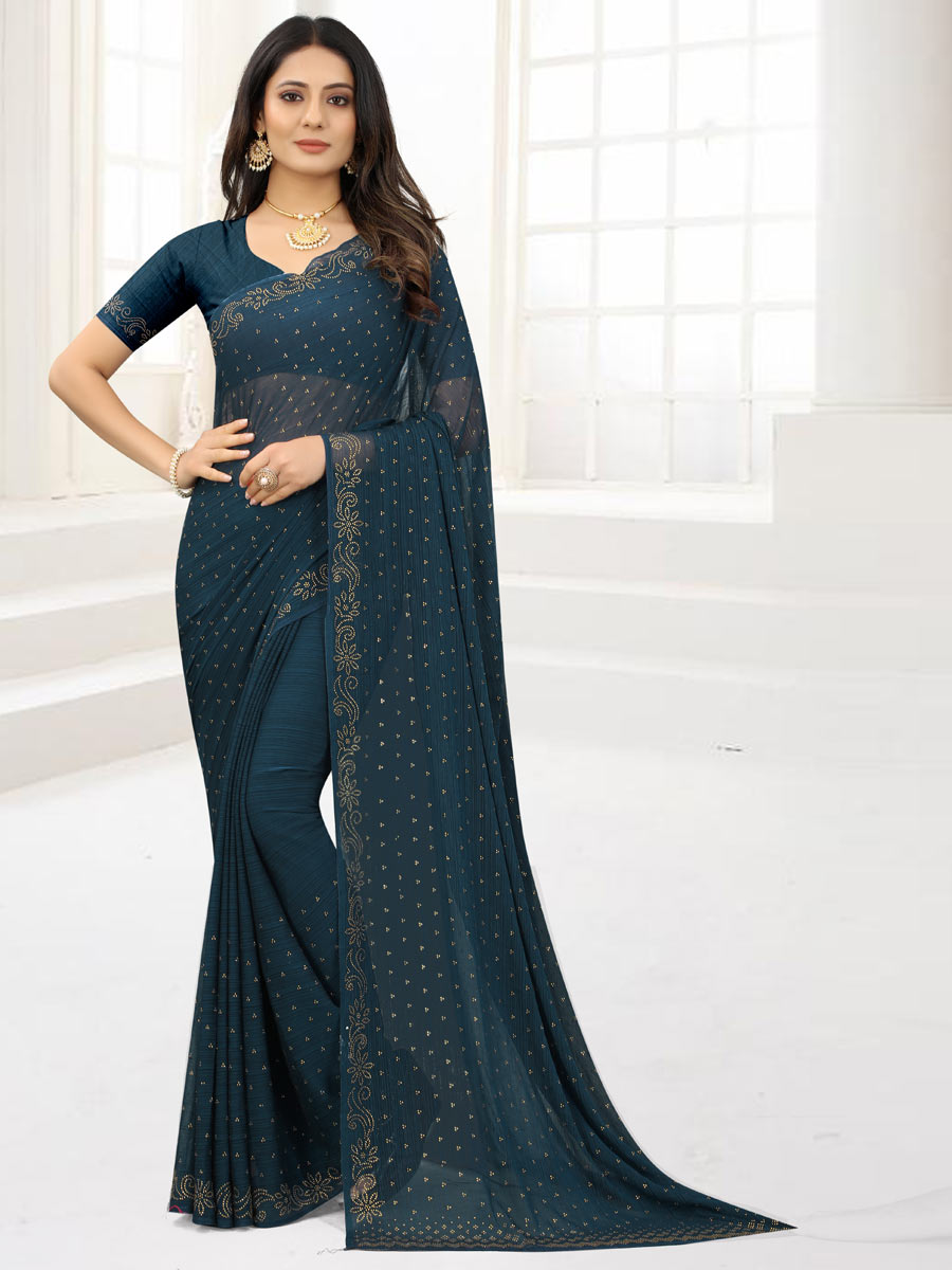Prussian Blue Chiffon Embroidered Party Saree