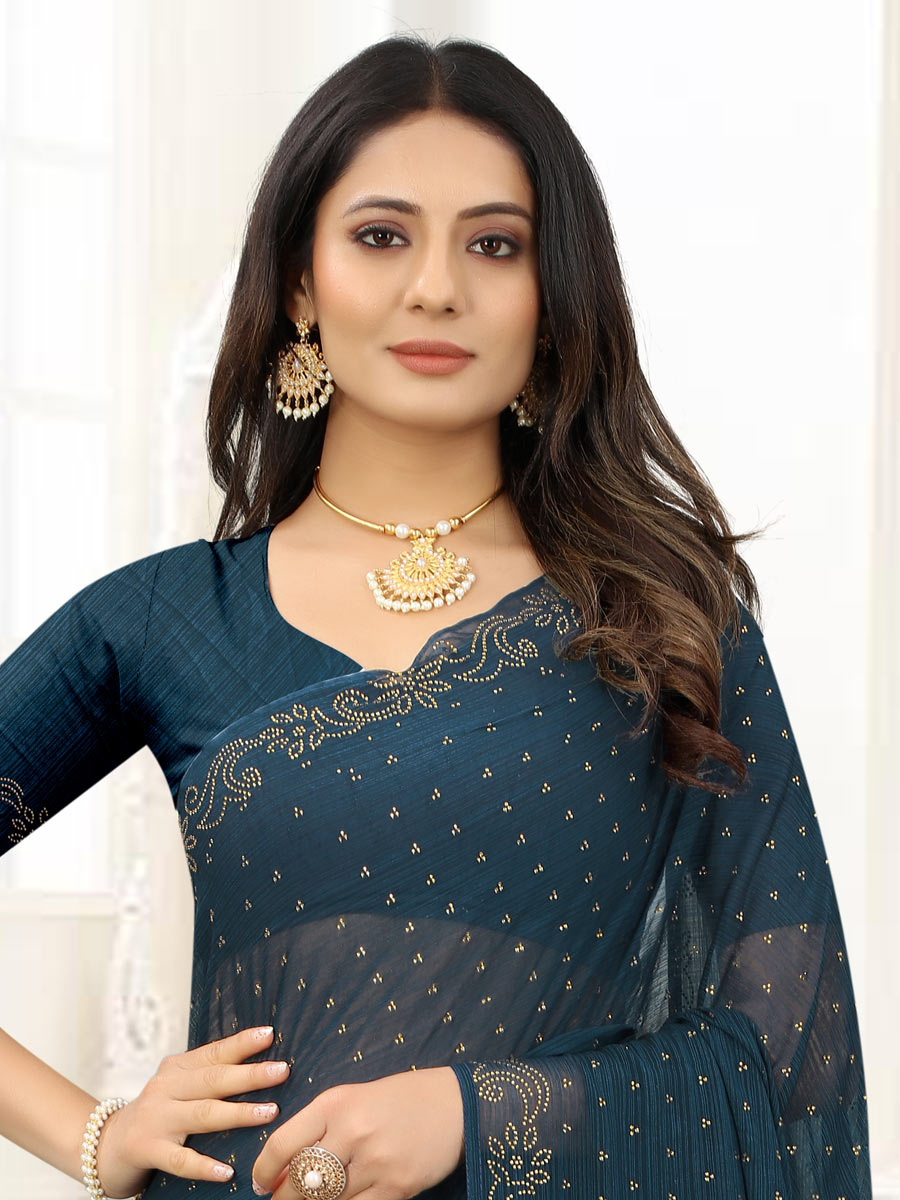 Prussian Blue Chiffon Embroidered Party Saree