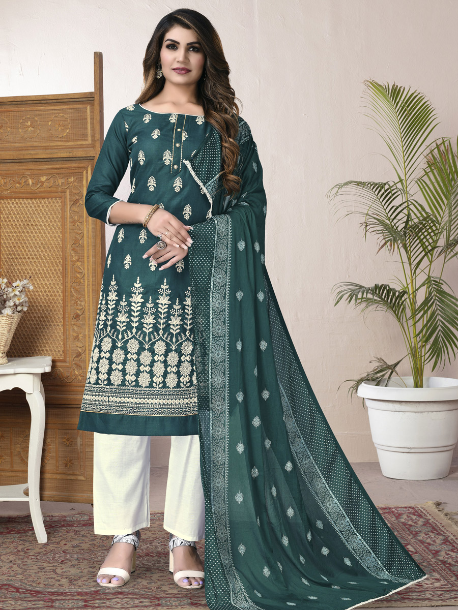 Prussian Blue Cotton Embroidered Party Pant Kameez